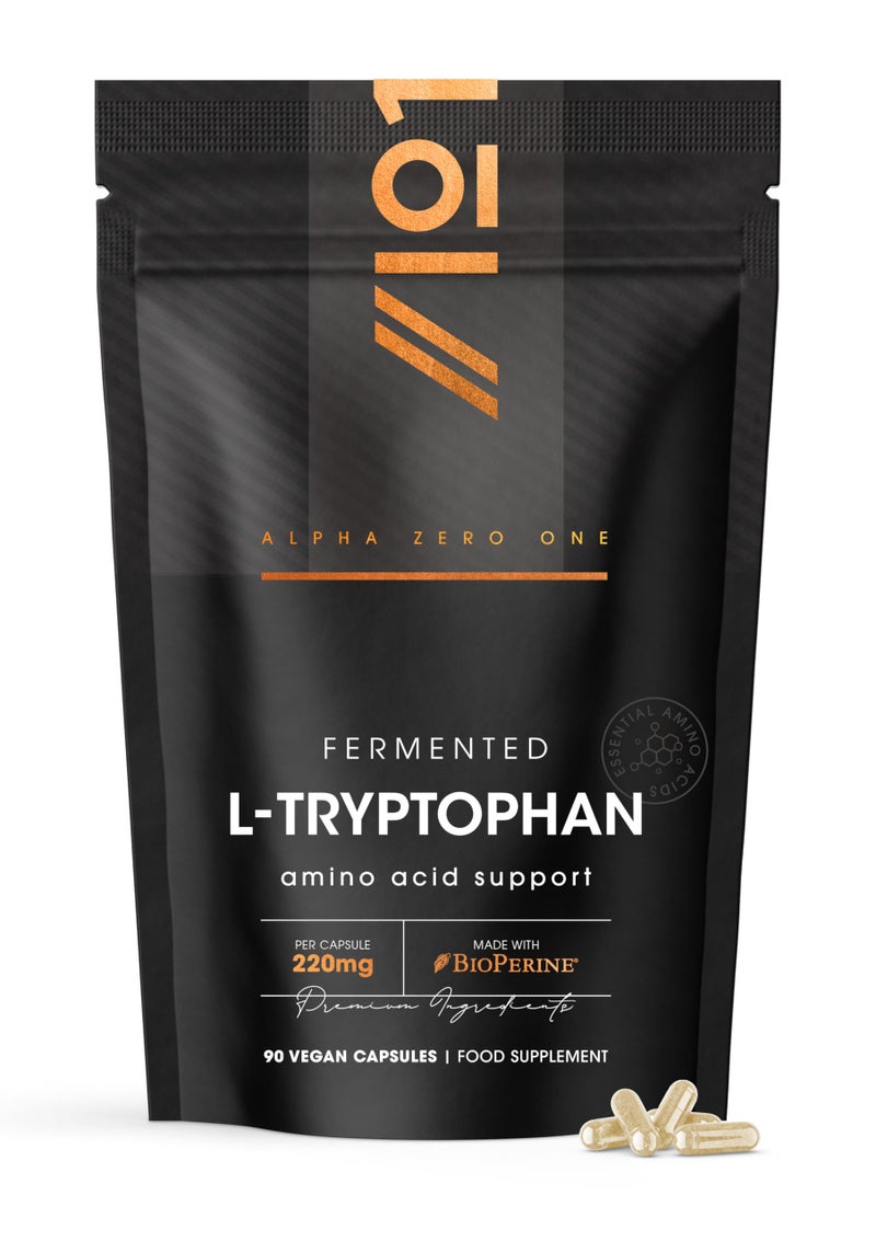 L-Tryptophan 220mg with BioPerineÂ® - 90 Vegan Capsules â€“ Naturally Fermented L-Tryptophan Supplement with Black Pepper Extract for Increased Bioavailability - 3 Months Supply - by Alpha01